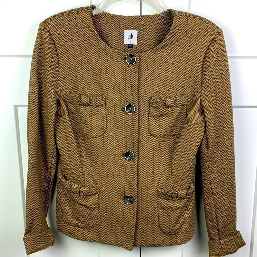 CAbi SMALL Penny Blazer Herringbone Fleck Jacket Bow Pockets Twee Academia